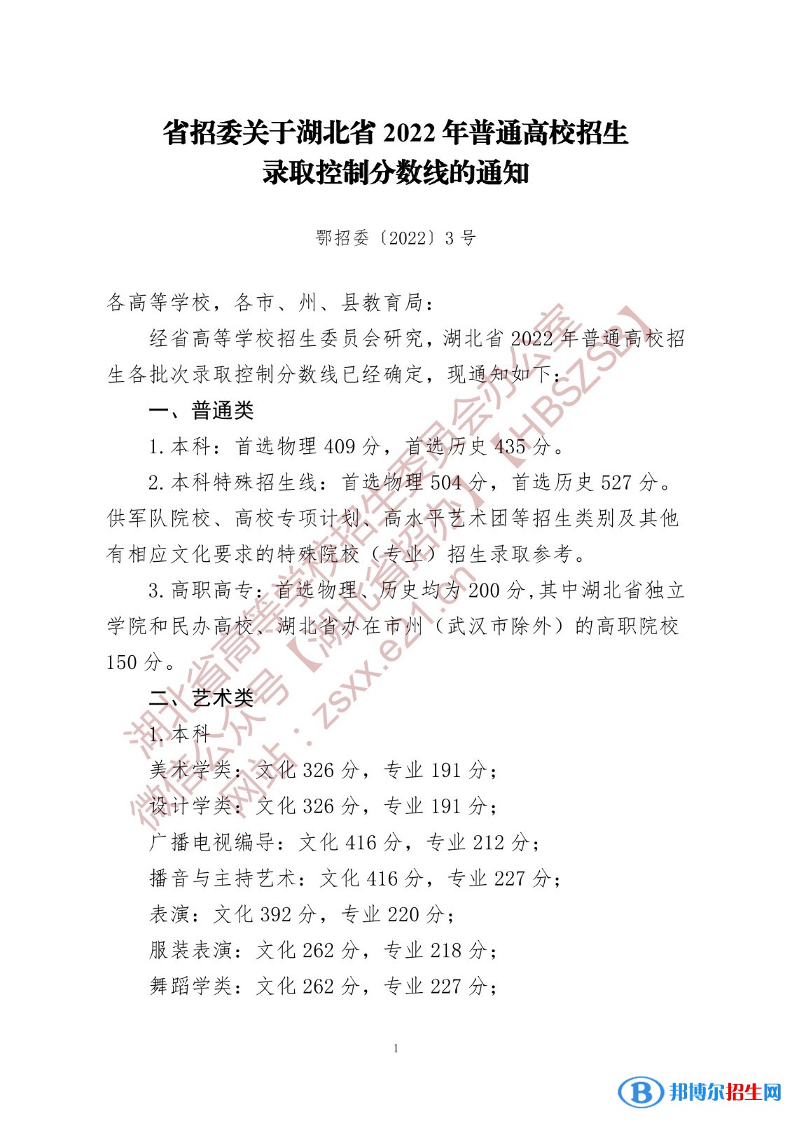 2022年湖北高考專科分數(shù)線（普通類、藝術(shù)類、體育類）