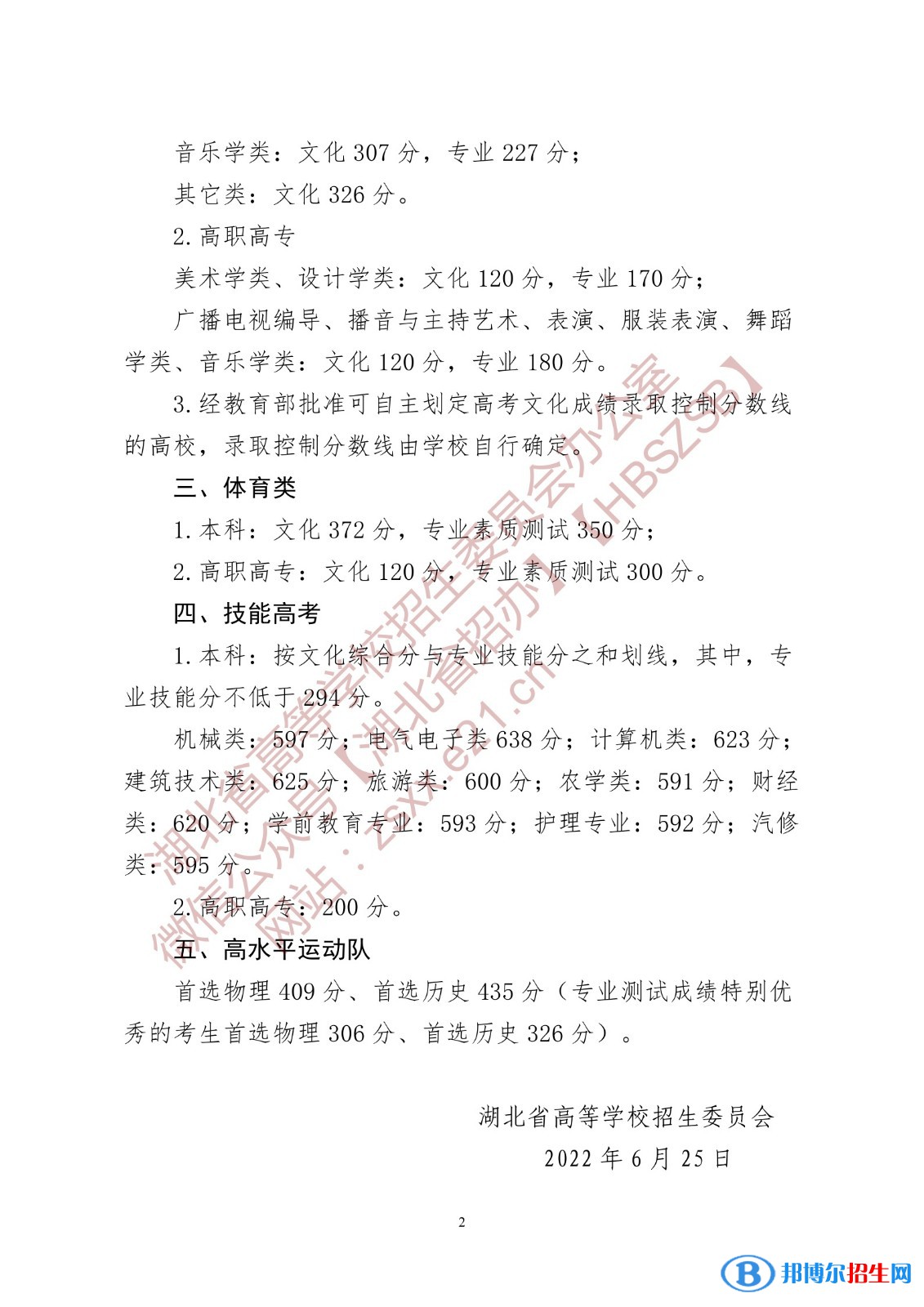 2022年湖北高考?？品謹?shù)線（普通類、藝術(shù)類、體育類）